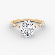Oval Cut - Pave Band Hidden Halo - Classic Engagement Ring- 14 K Gold
